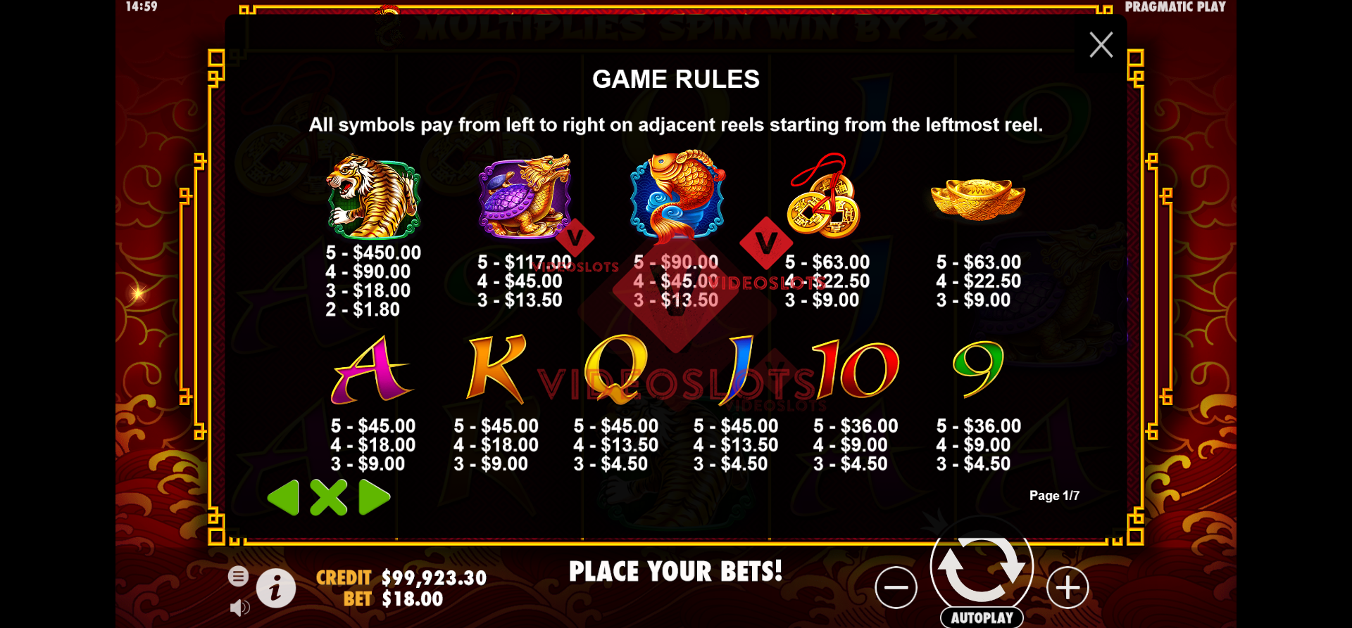 Pay table for 8 Dragons slot by Pragmatic Play