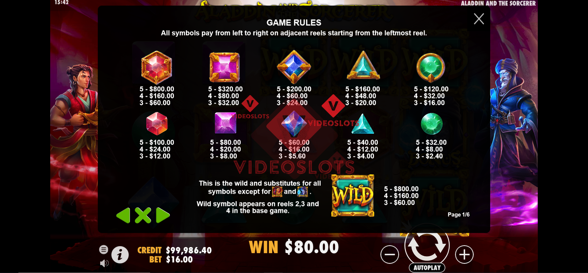 Pay table for Aladdin and The Sorcerer slot by Pragmatic Play