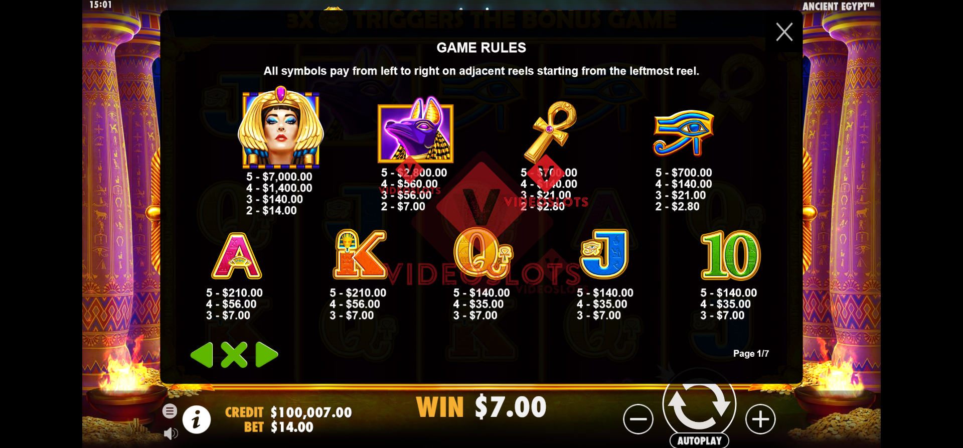 Pay Table for Ancient Egypt slot by Pragmatic Play