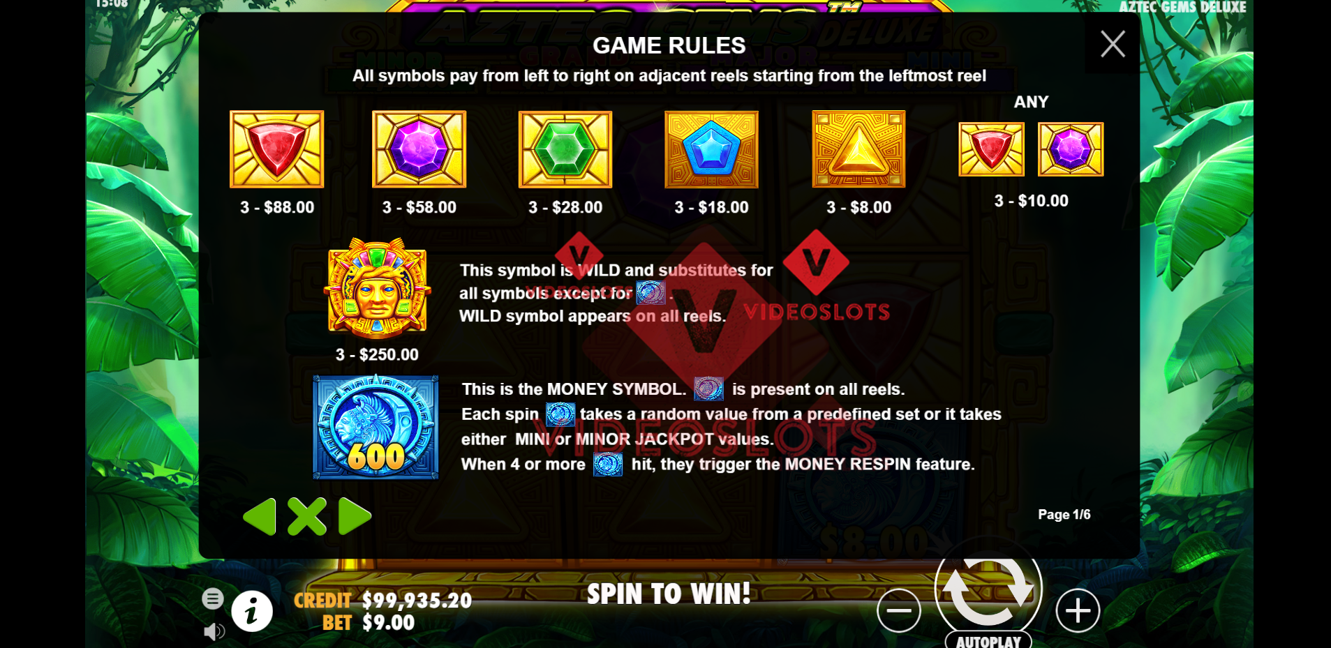 Pay Table for Aztec Gems Deluxe slot by Pragmatic Play