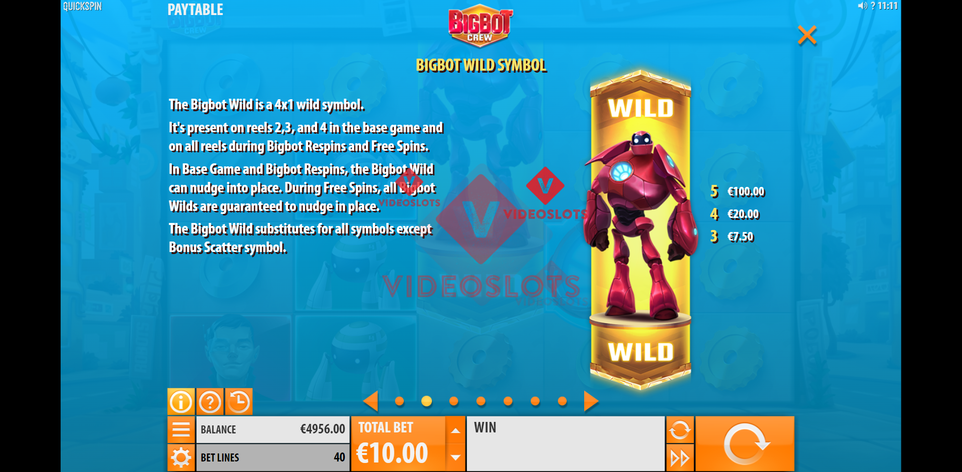 Pay Table and Game Info for Big Bot Crew slot from Quickspin