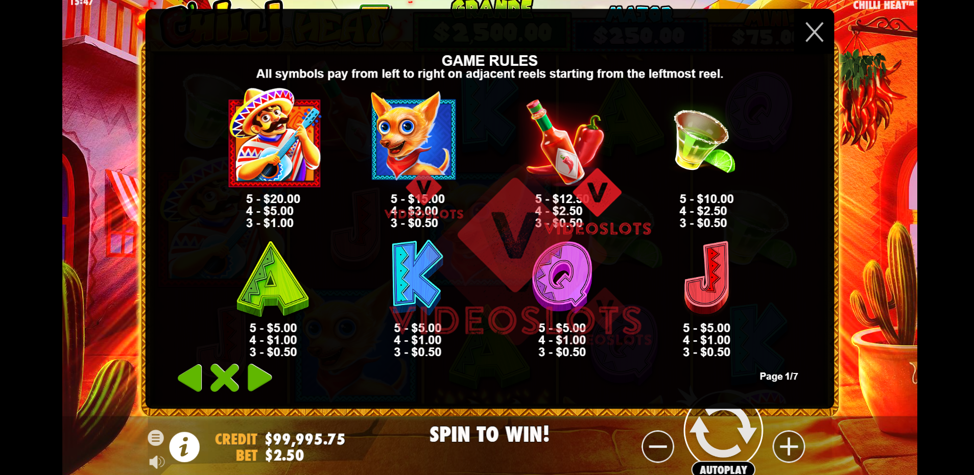 Pay Table for Chilli Heat slot by Pragmatic Play