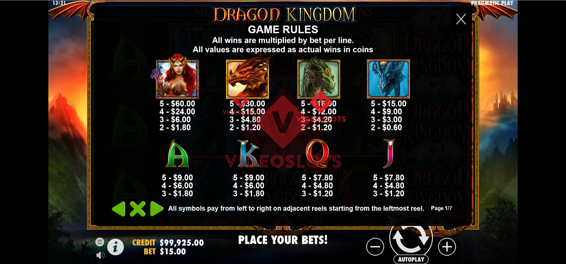 Pay Table for Dragon Kingdom slot by Pragmatic Play