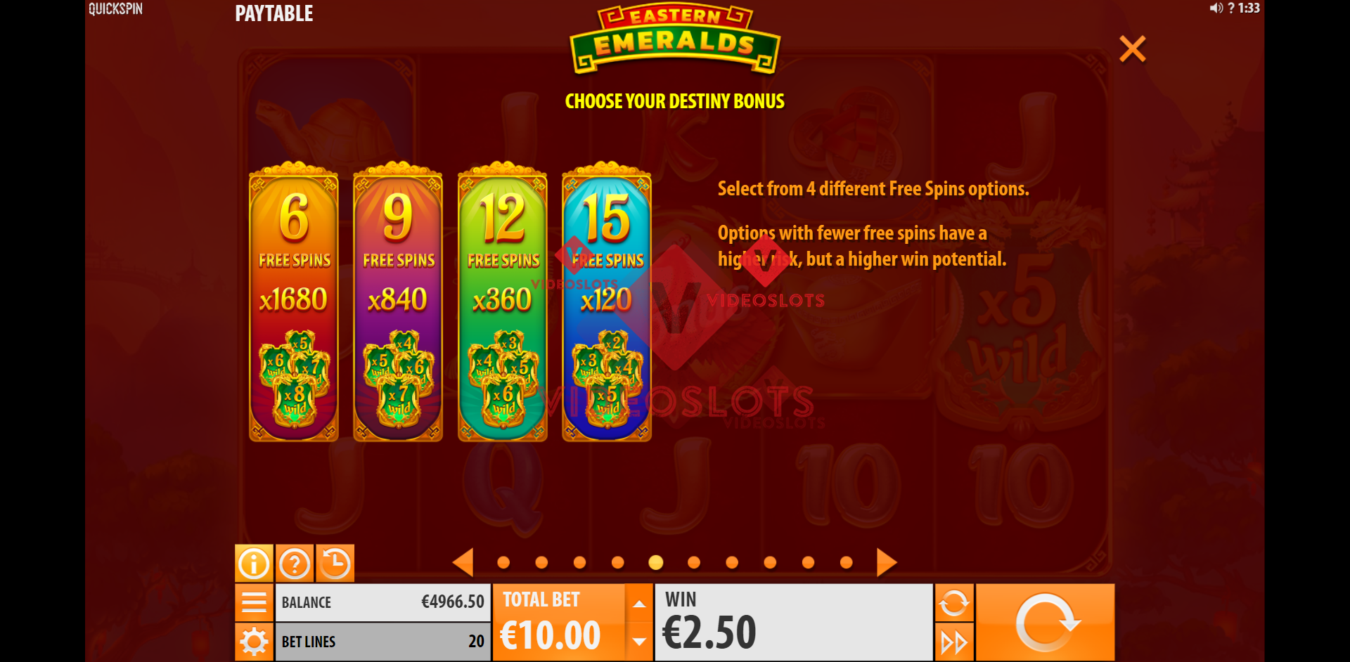 Pay Table and Game Info for Eastern Emeralds slot from Quickspin