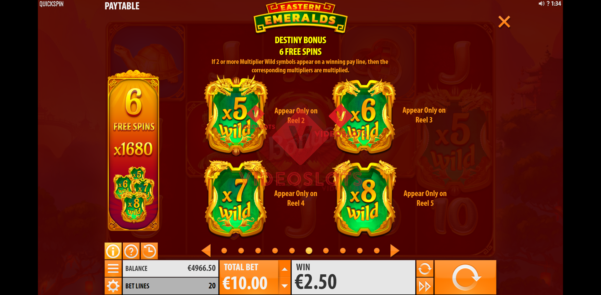 Pay Table and Game Info for Eastern Emeralds slot from Quickspin