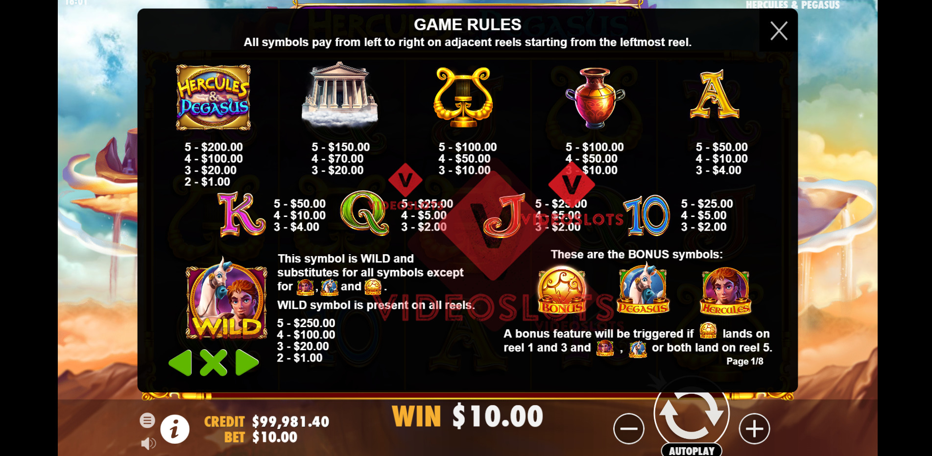 Pay Table for Hercules and Pegasus slot by Pragmatic Play