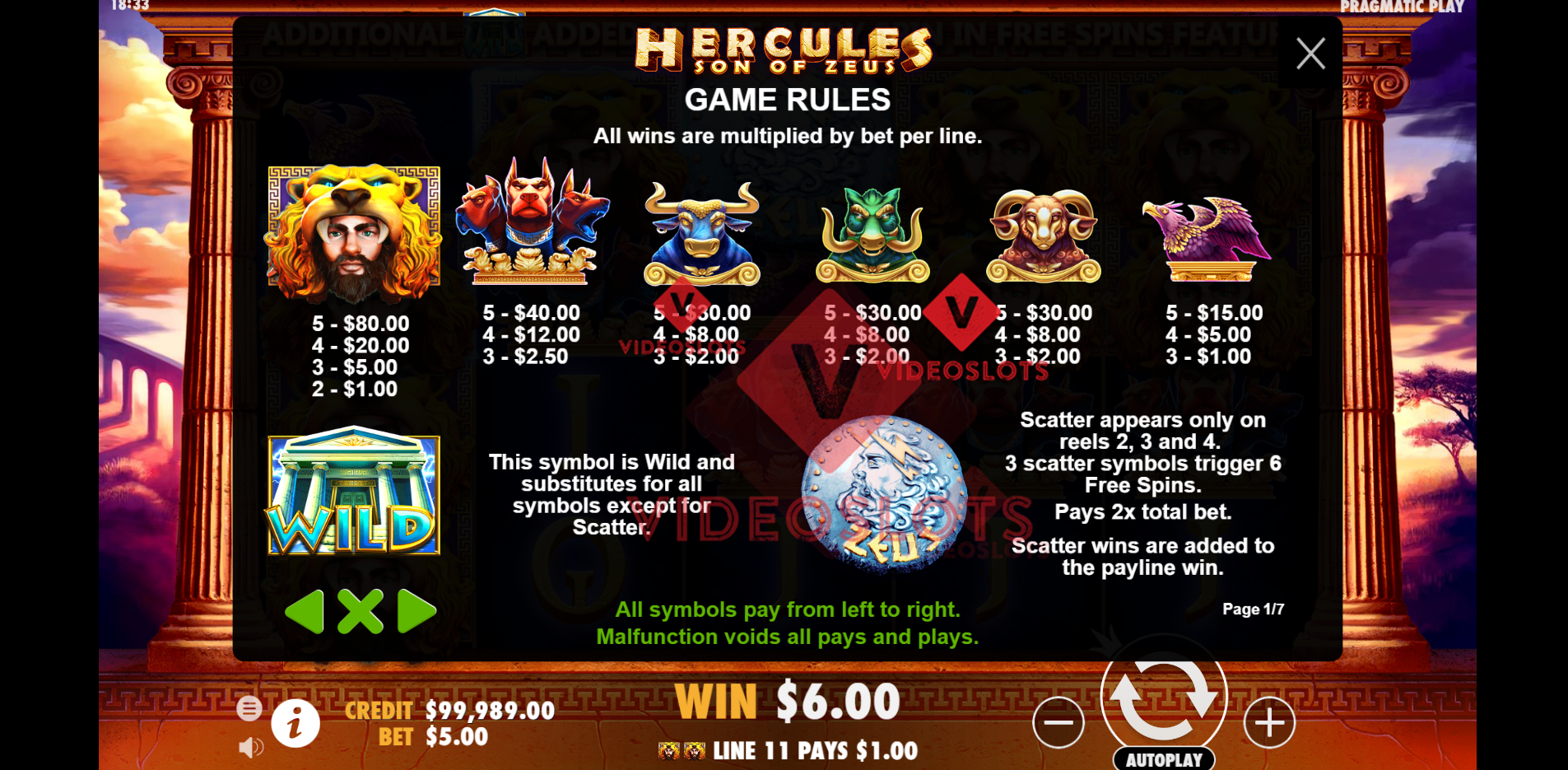 Pay Table for Hercules Son of Zeus slot by Pragmatic Play