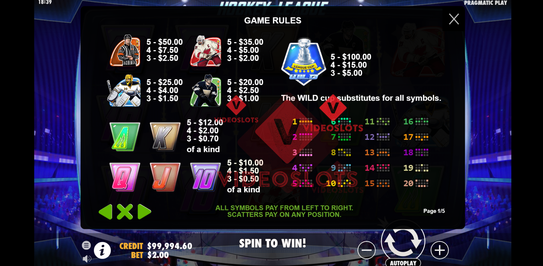 Pay Table for Hockey League slot by Pragmatic Play