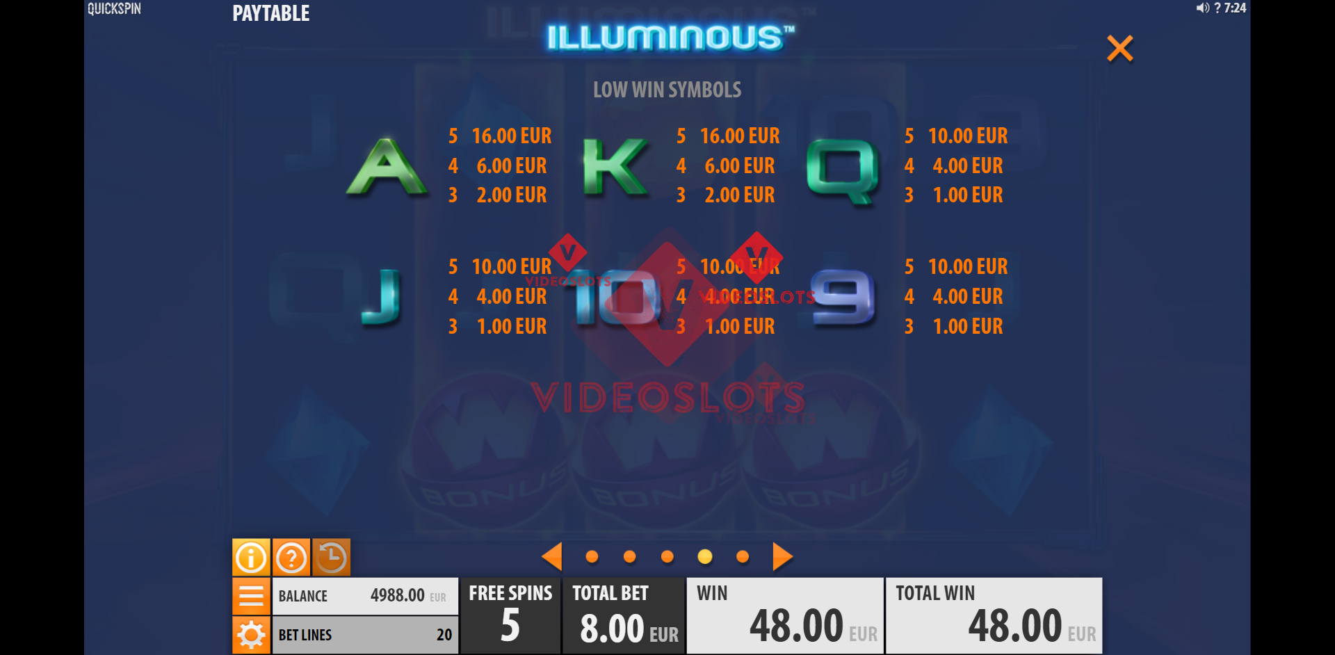 Pay Table and Game Info for Illuminous slot from Quickspin