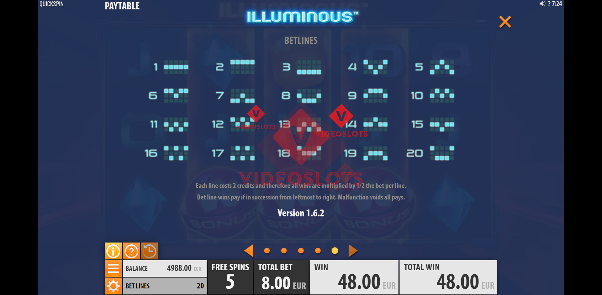 Pay Table and Game Info for Illuminous slot from Quickspin