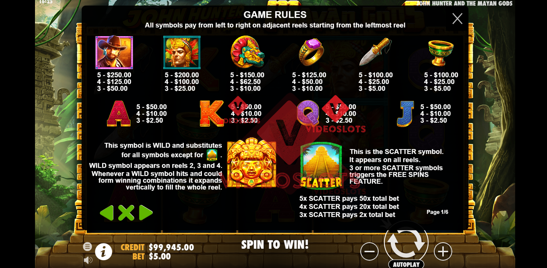 Pay Table for John Hunter and The Mayan Gods slot by Pragmatic Play