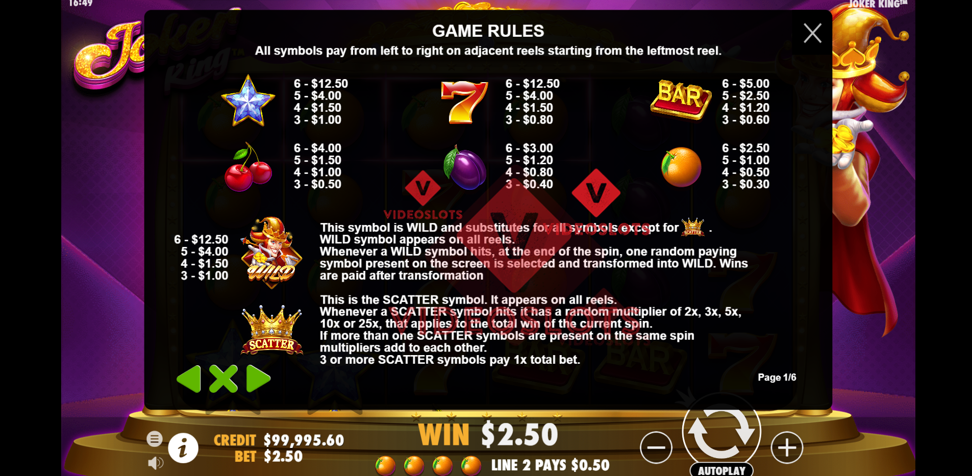 Pay Table for Joker King slot by Pragmatic Play