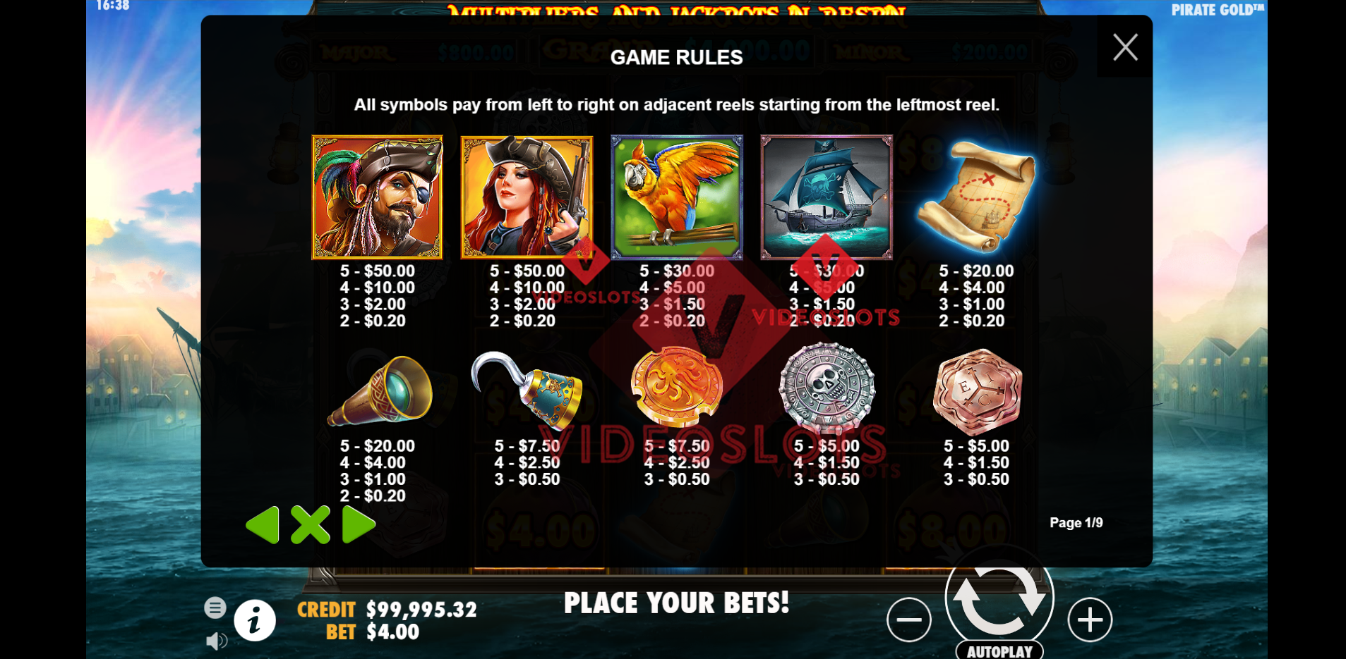 Pay Table for Pirate Gold slot by Pragmatic Play