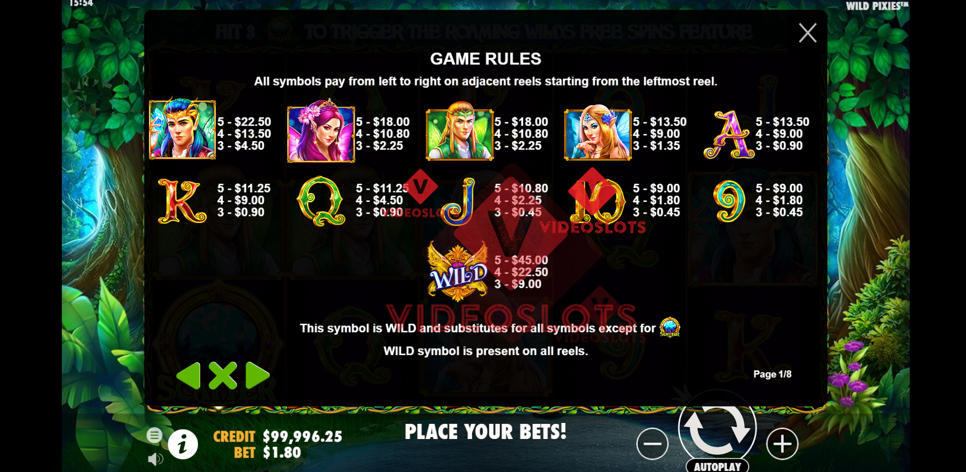 Pay Table for Pixie Wings slot by Pragmatic Play