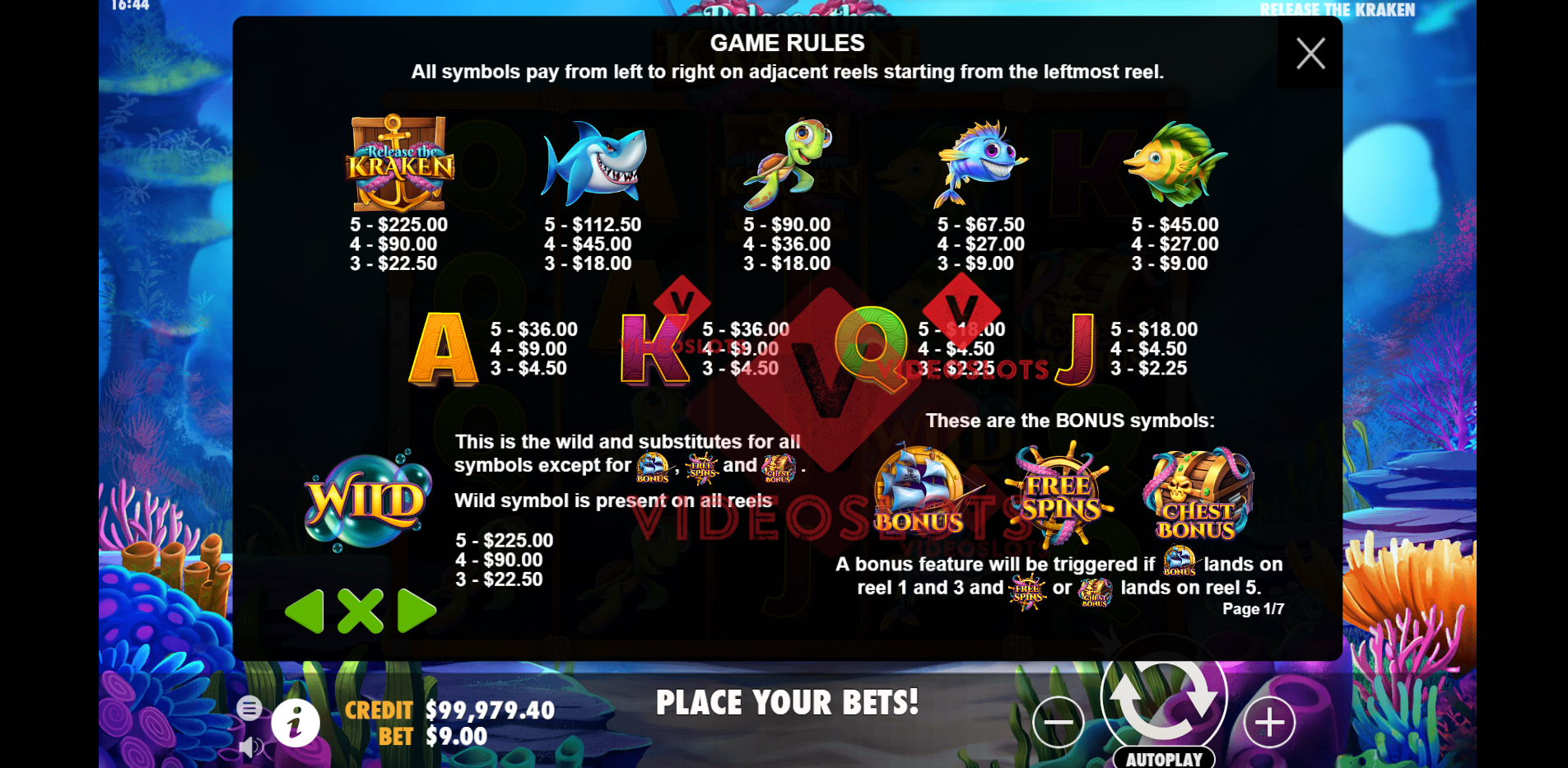 Pay Table for Release The Kraken slot by Pragmatic Play