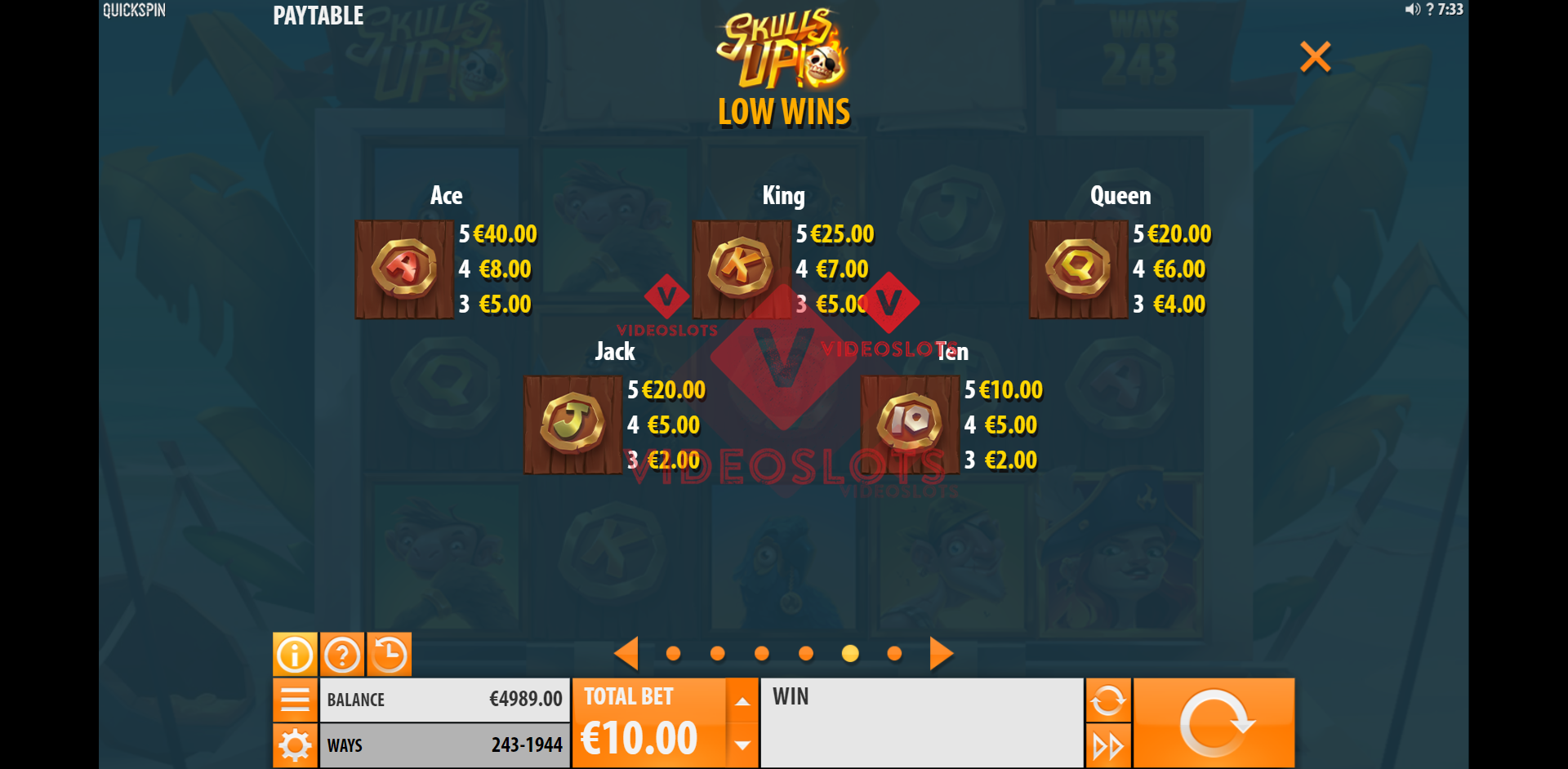 Pay Table and Game Info for Skulls Up slot from Quickspin