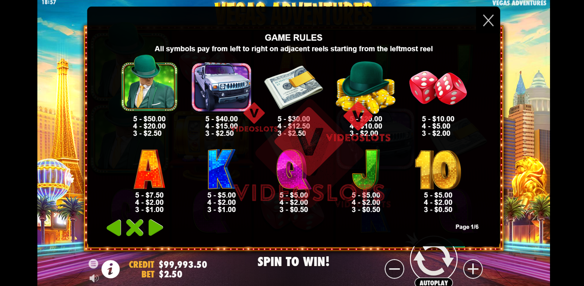 Pay Table for Vegas Adventures slot by Pragmatic Play