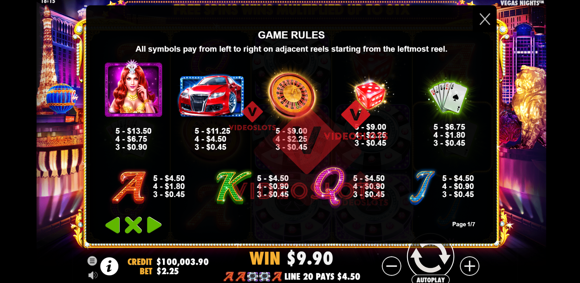 Pay Table for Vegas Nights slot by Pragmatic Play