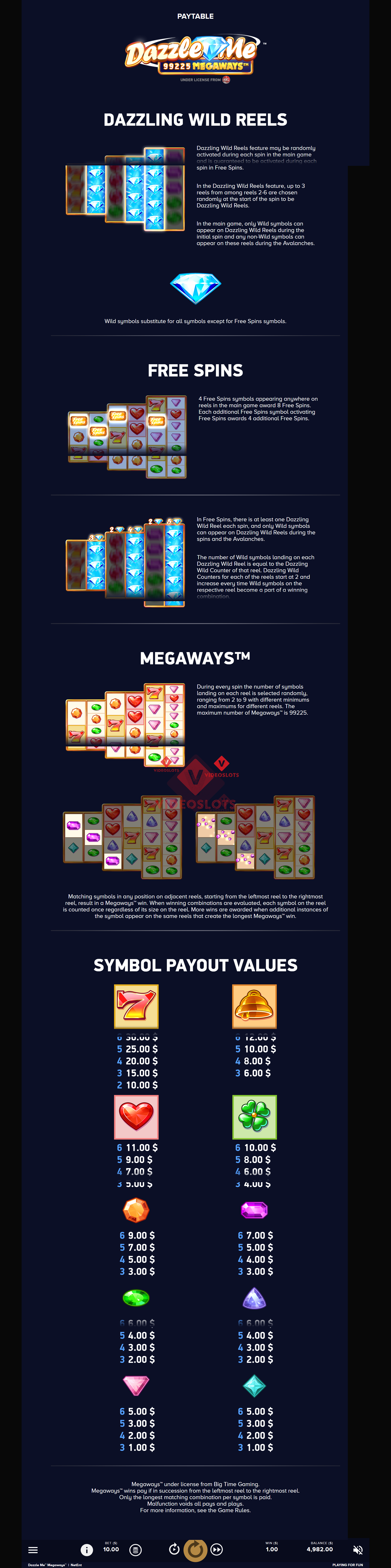 Pay Table for Dazzle Me Megaways slot from NetEnt