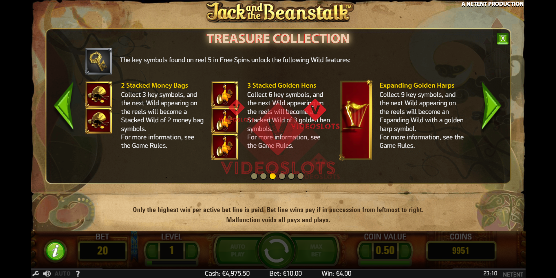 Pay Table for Jack and the Beanstalk slot from NetEnt