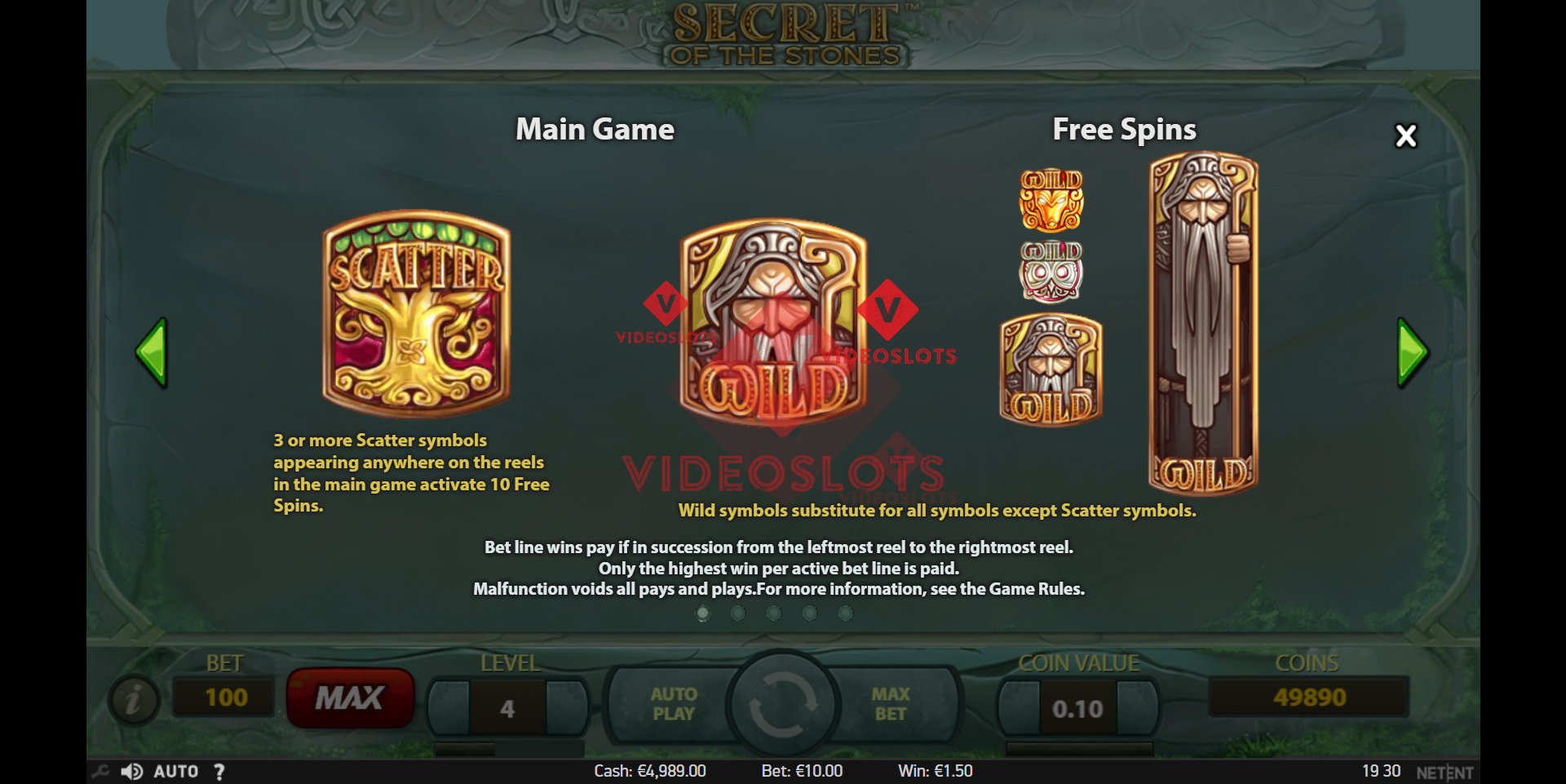Pay Table for Secret of the Stones slot from NetEnt