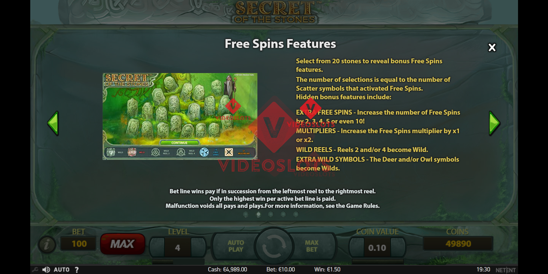 Pay Table for Secret of the Stones slot from NetEnt