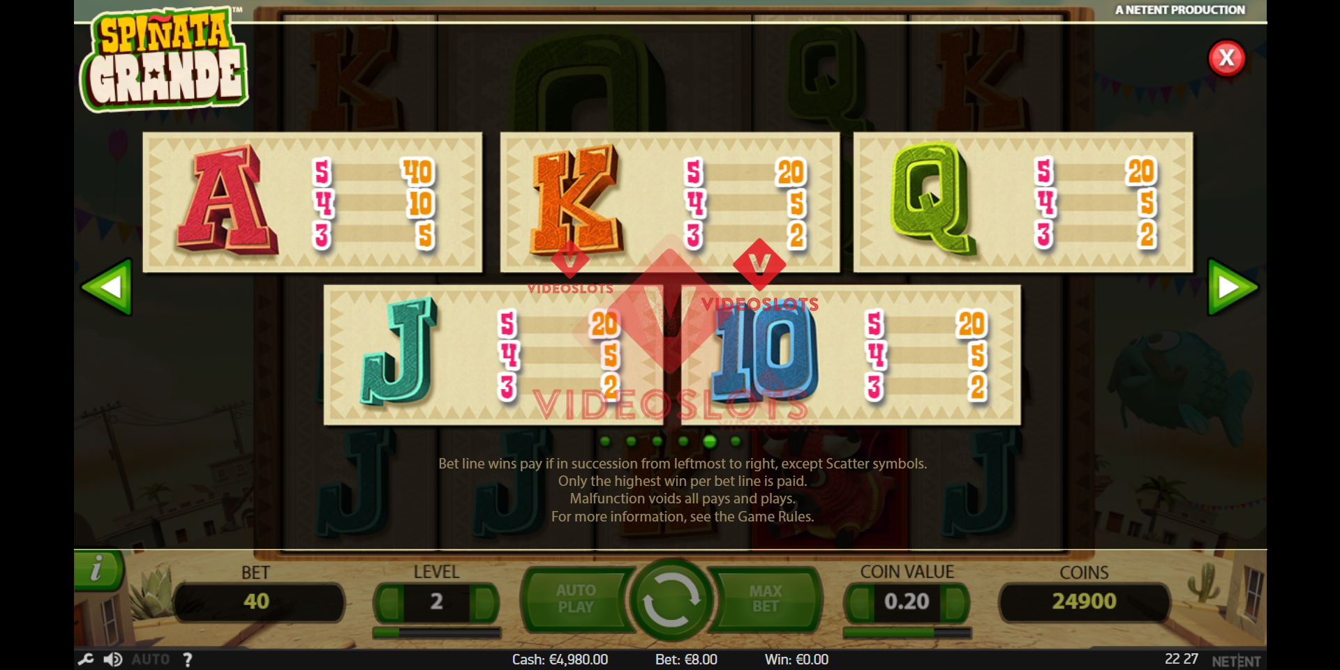 Pay Table for Spinata Grande slot from NetEnt