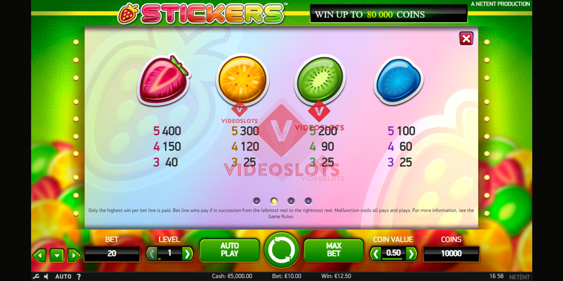 Pay Table for Stickers slot from NetEnt