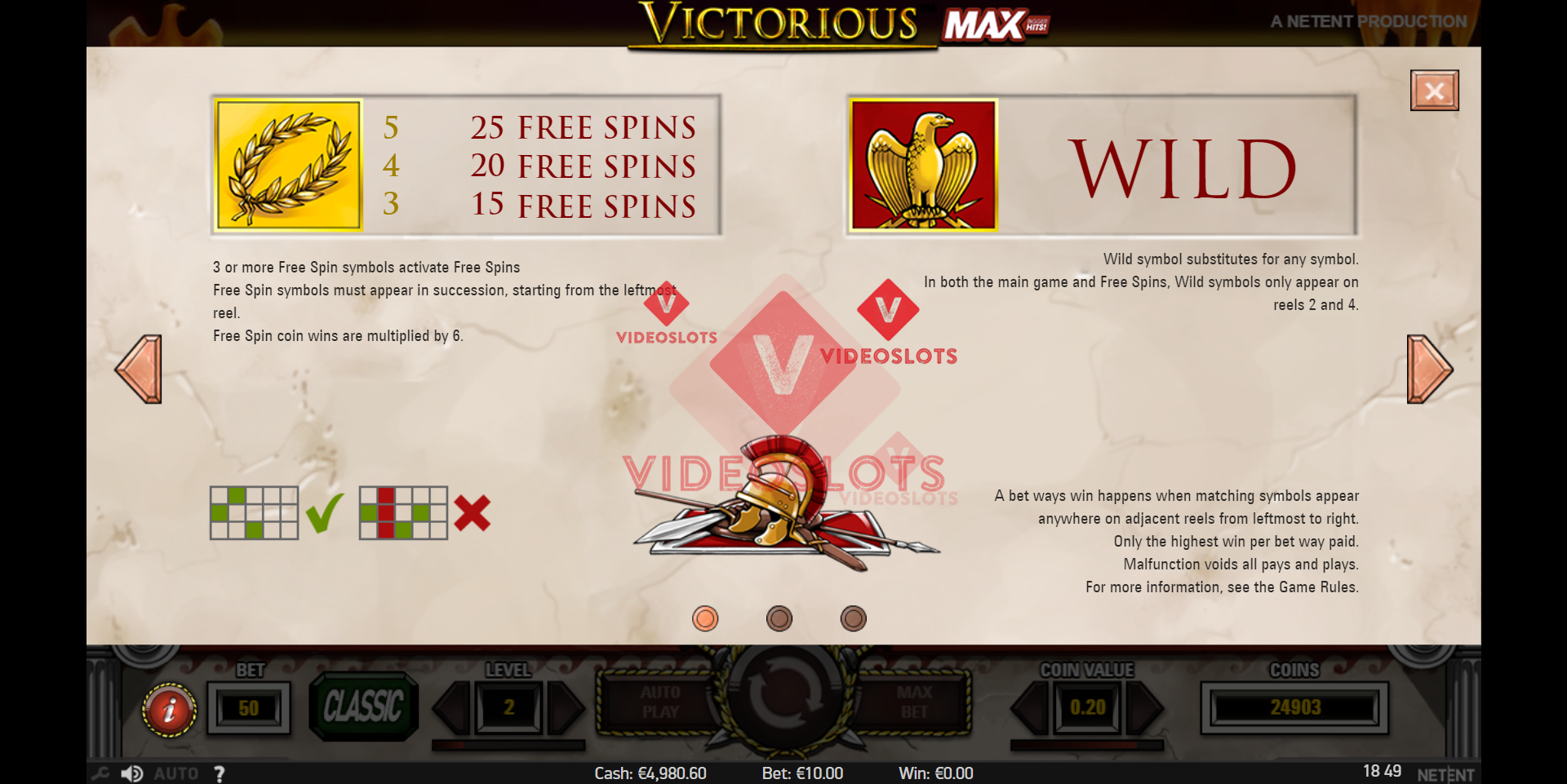 Pay Table for Victorious MAX slot from NetEnt