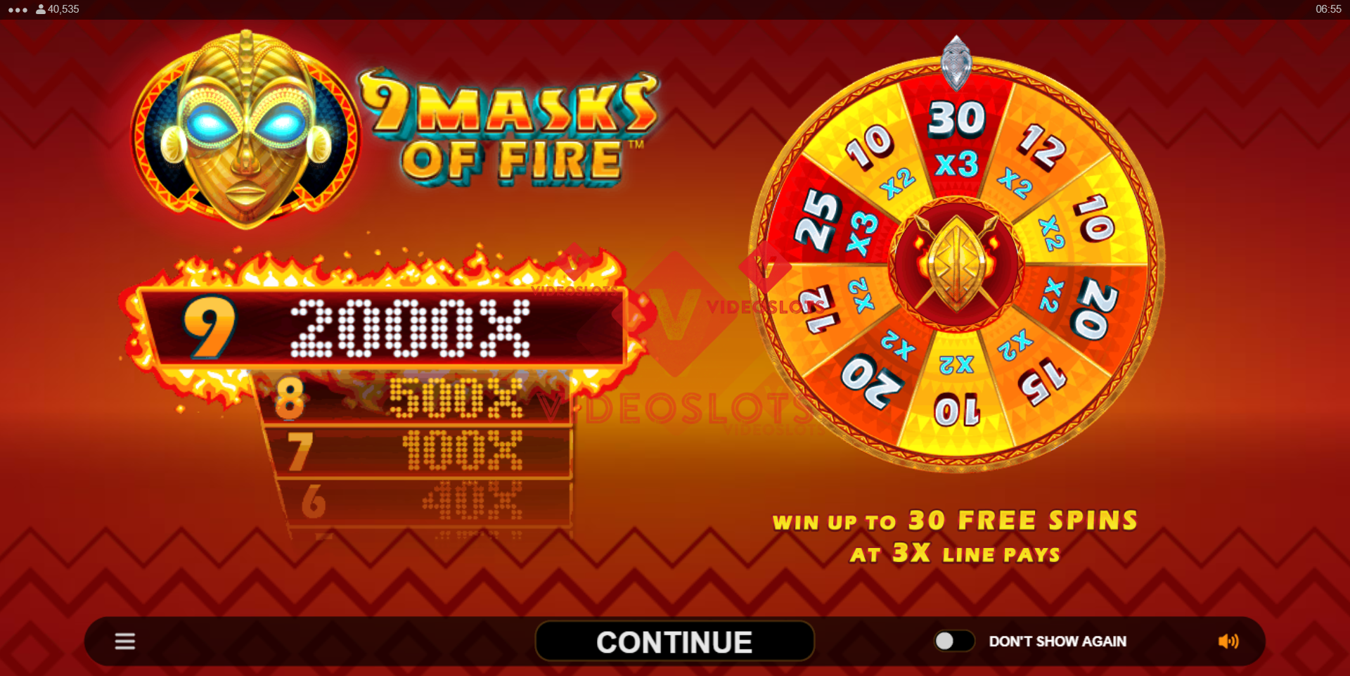 Game Intro for 9 Masks of Fire slot for Microgaming