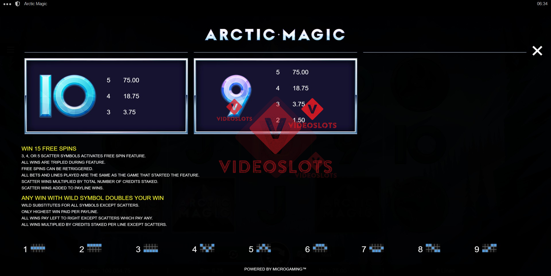 Pay Table for Arctic Magic slot for Microgaming