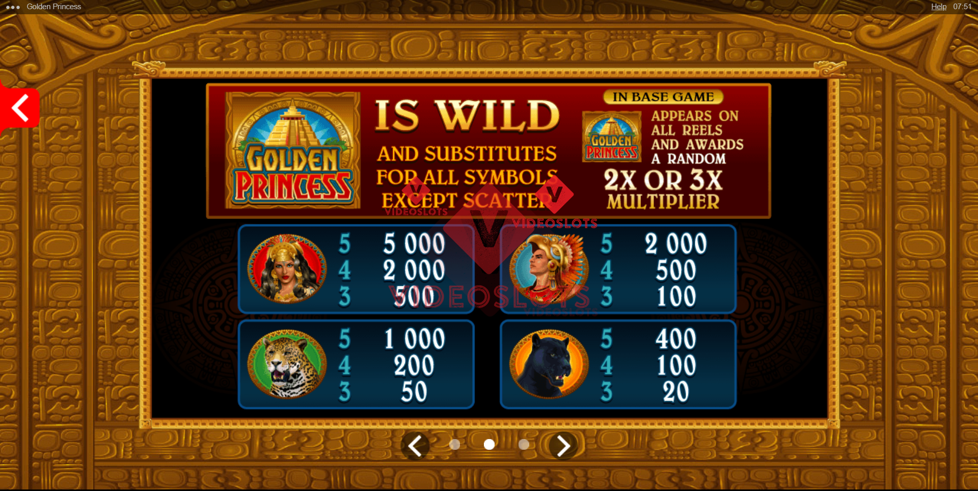 Pay Table for Golden Princess slot for Microgaming