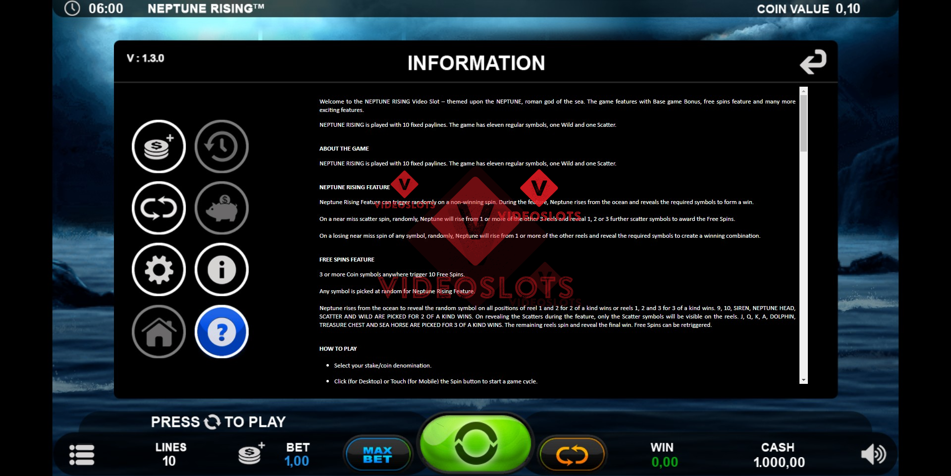 Game Rules for Neptune Rising slot for Microgaming