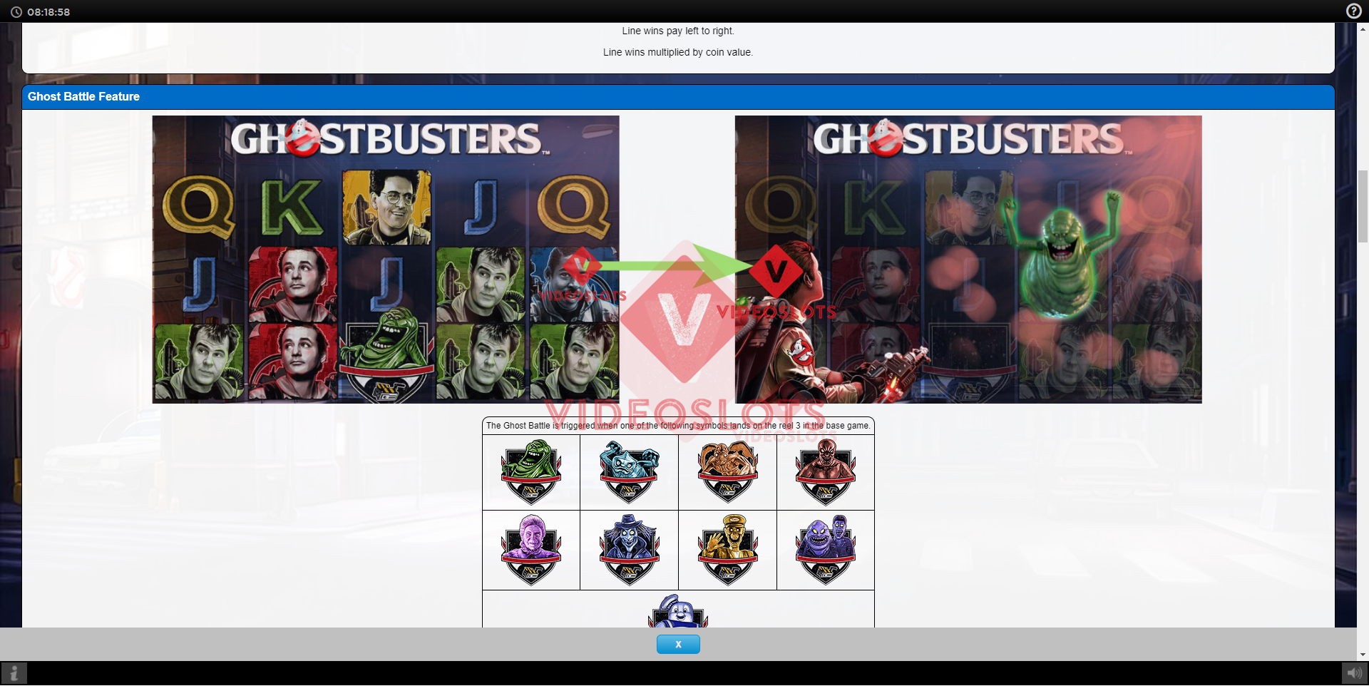 Pay Table for Ghostbusters Plus slot from IGT