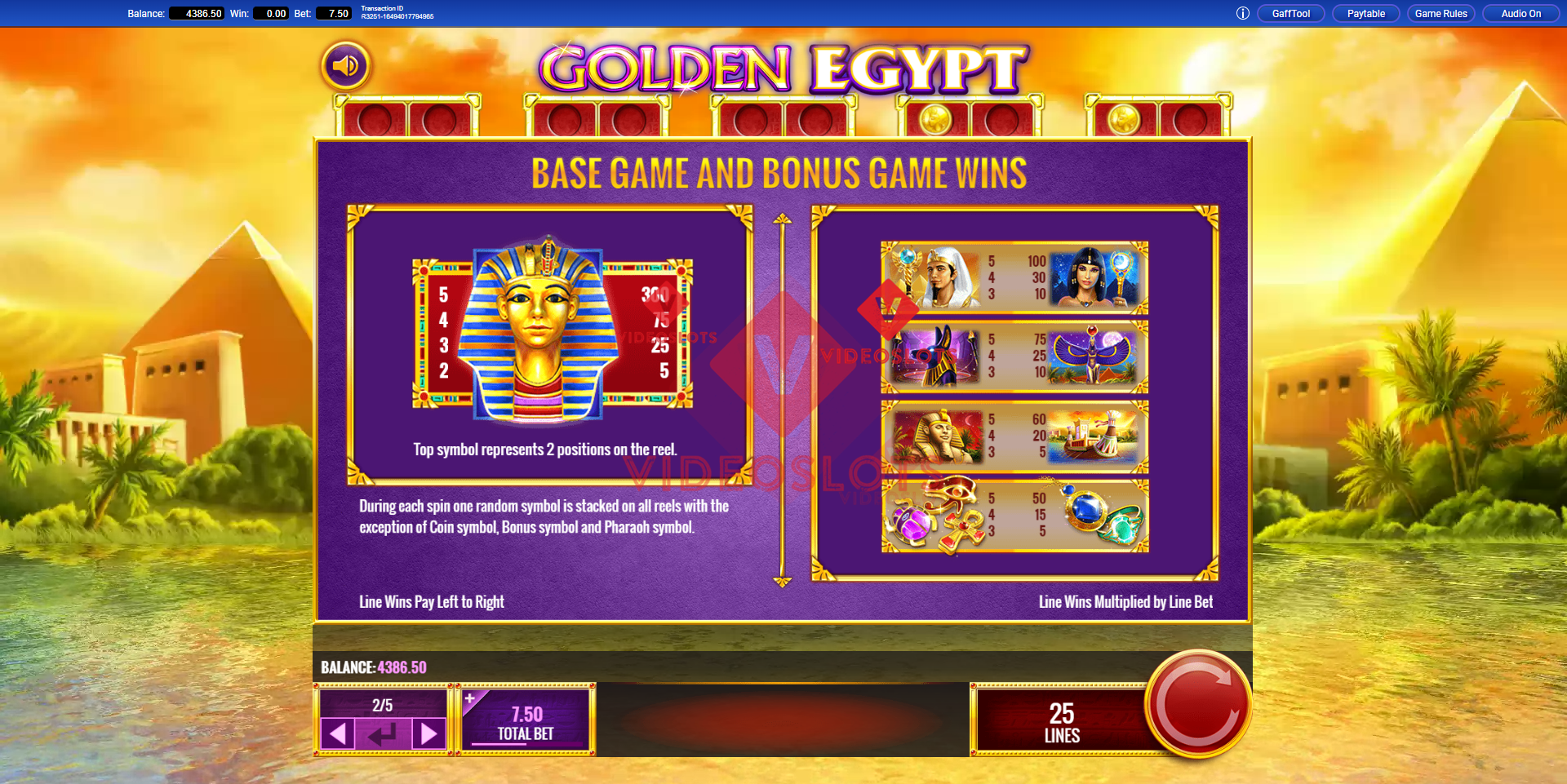 Pay Table for Golden Egypt slot from IGT