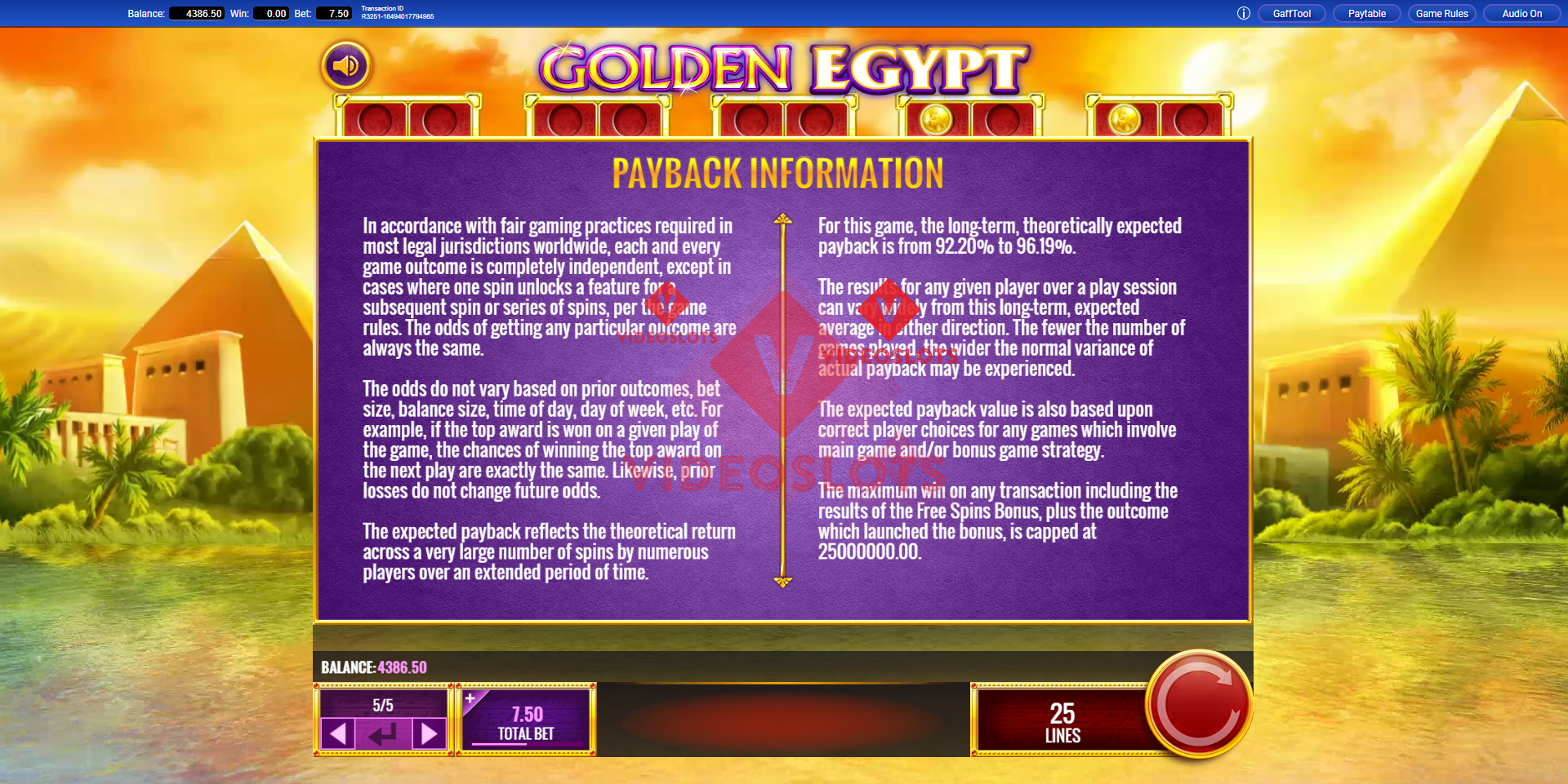 Pay Table for Golden Egypt slot from IGT