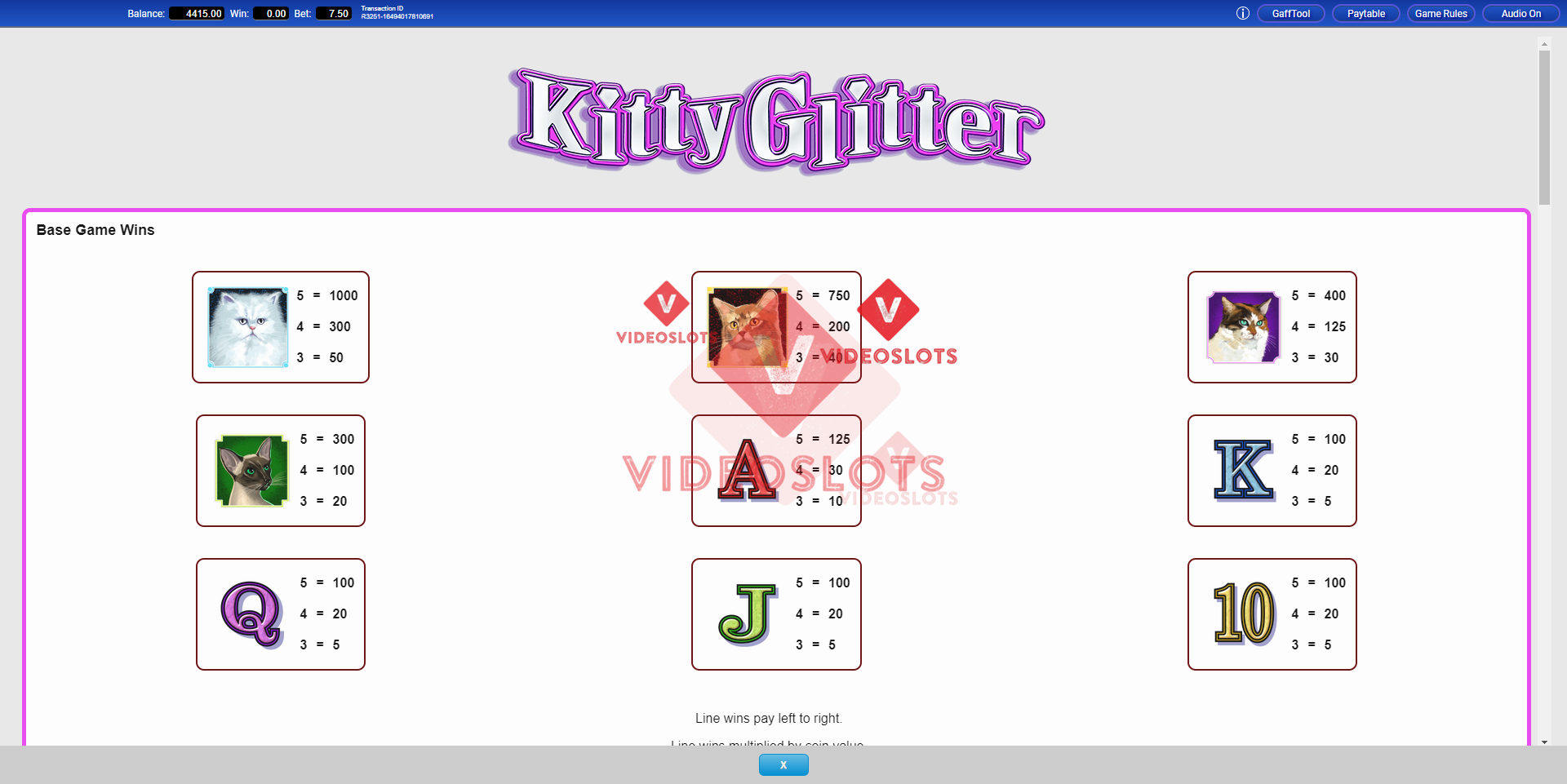 Pay Table for Kitty Glitter slot from IGT