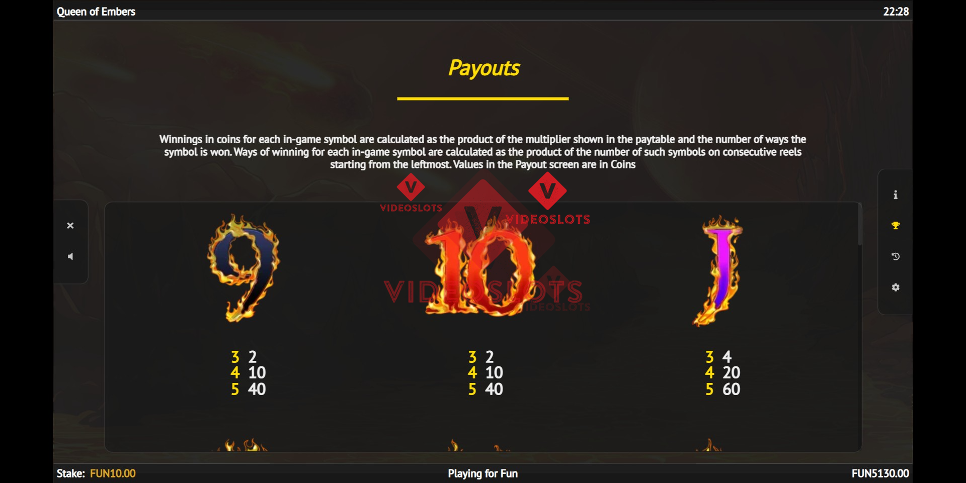Queen of Embers slot pay table by 1X2 Gaming
