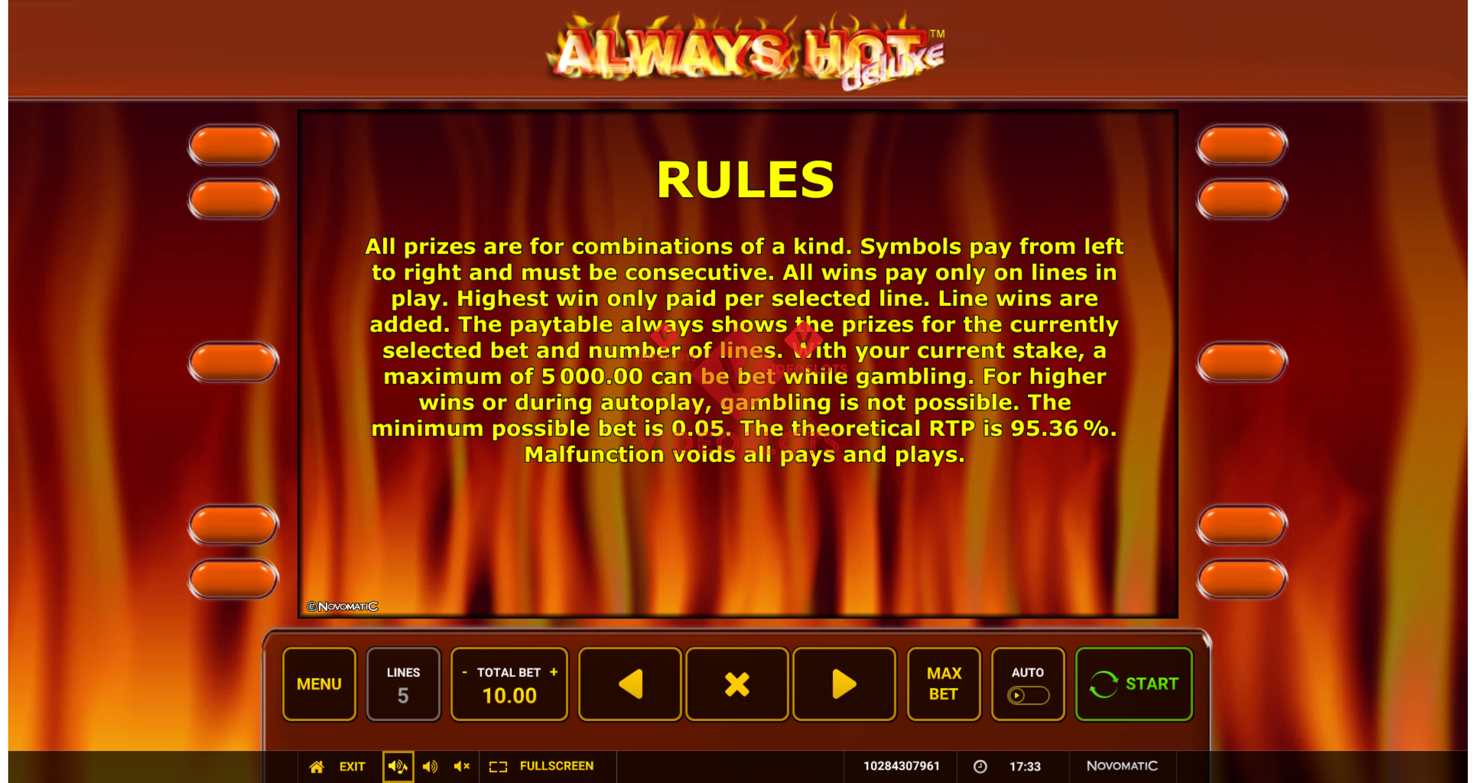 Game Rules for Always Hot Deluxe slot from Greentube