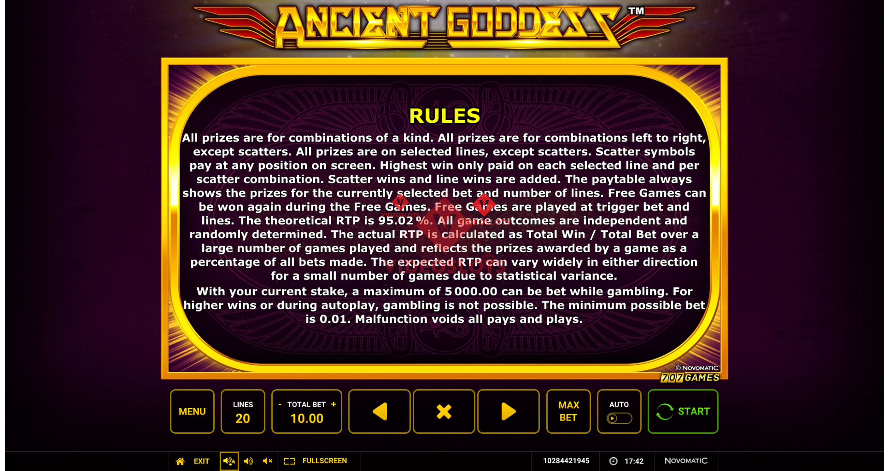 Game Rules for Ancient Goddess slot from Greentube