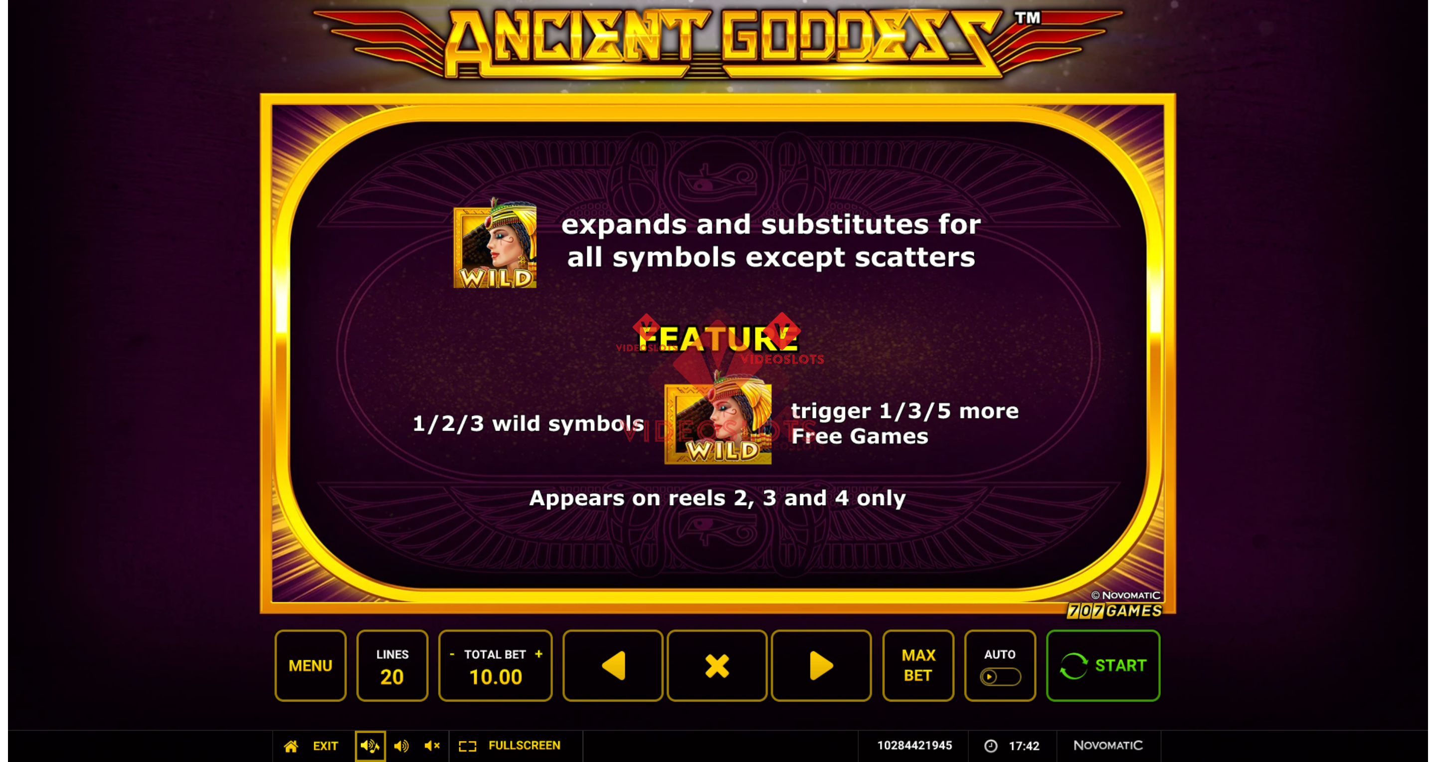 Pay Table for Ancient Goddess slot from Greentube