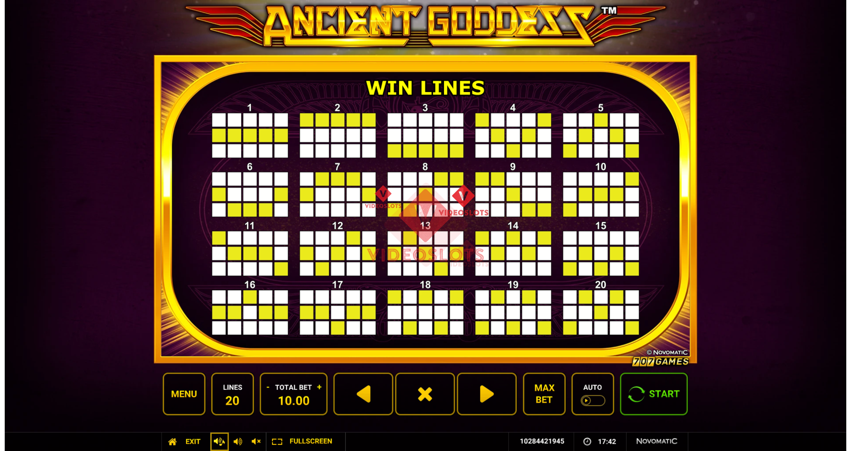 Pay Table for Ancient Goddess slot from Greentube