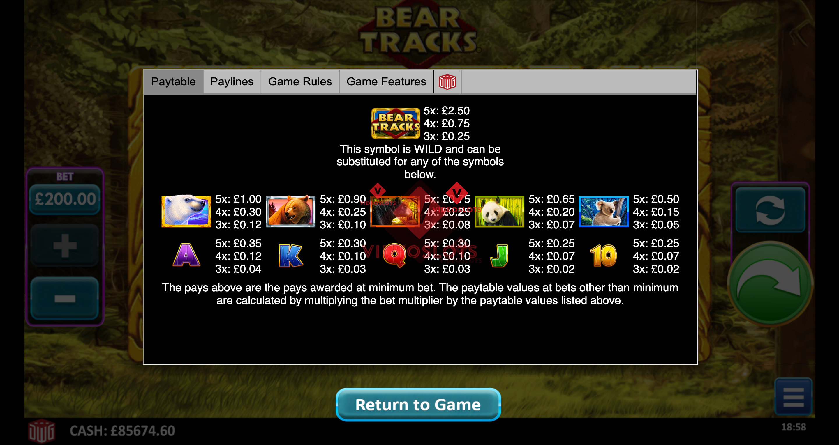 Pay Table for Bear Tracks slot from Greentube