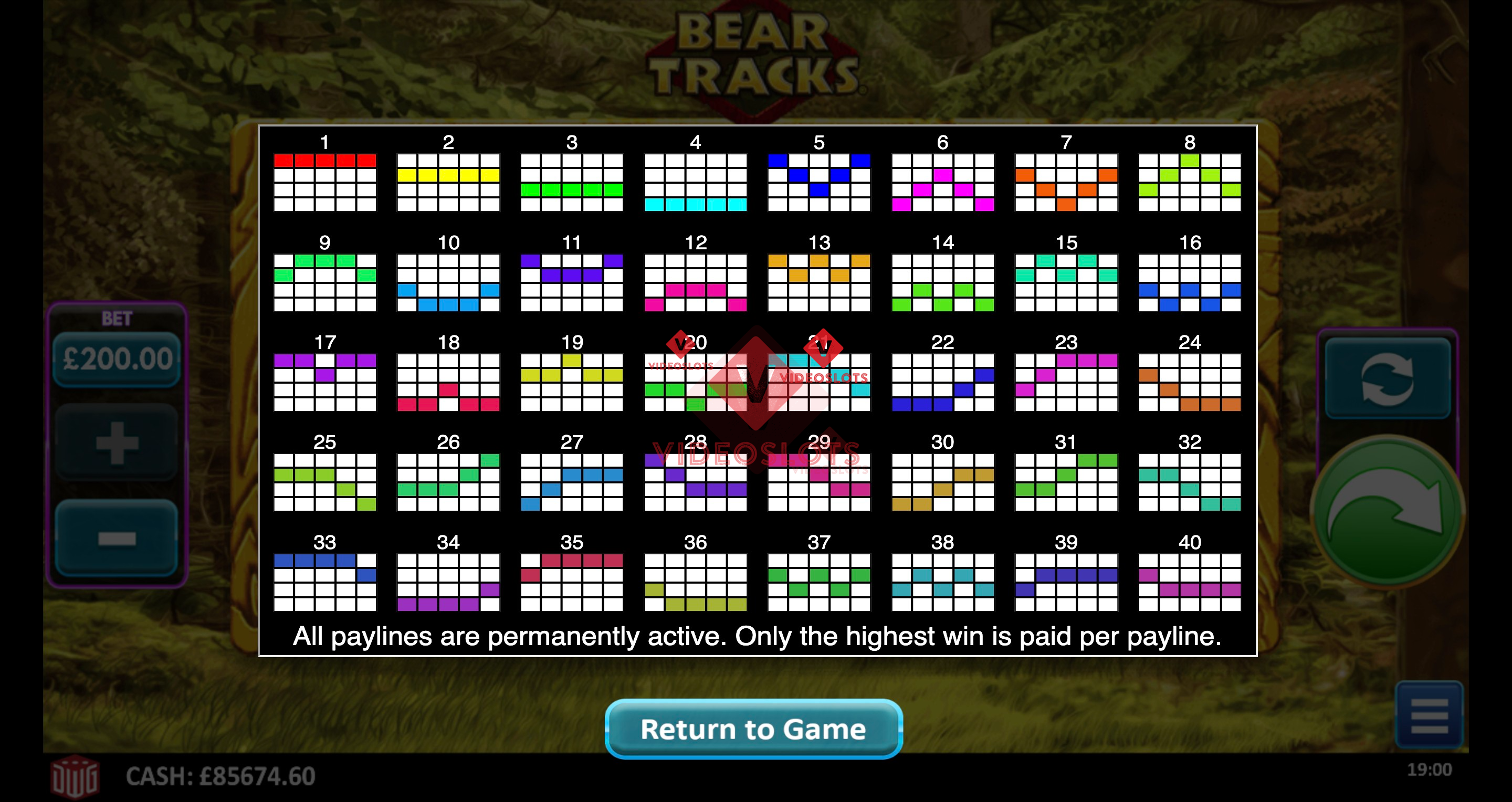 Pay Table for Bear Tracks slot from Greentube
