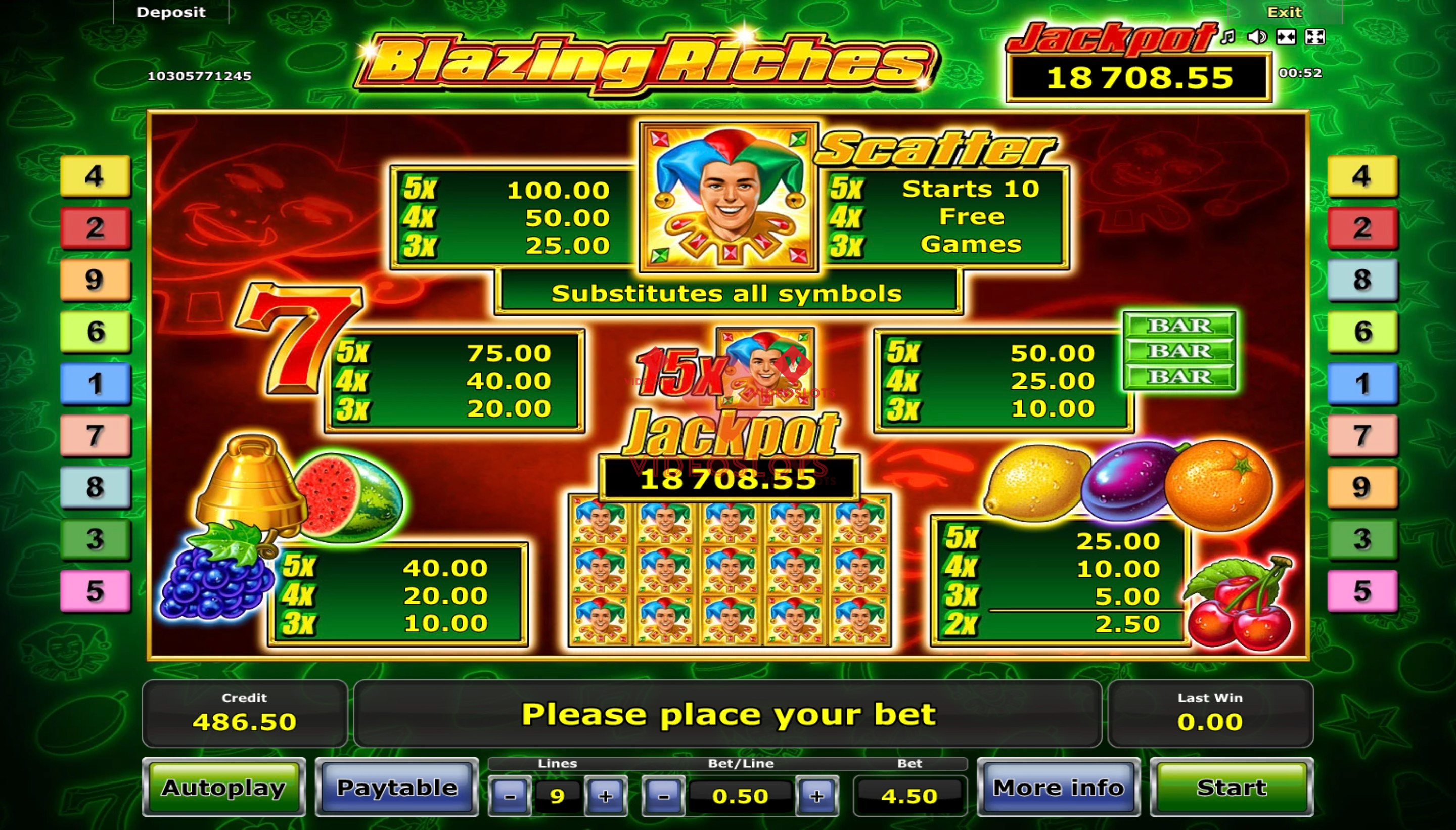 Pay Table for Blazing Riches slot from Greentube
