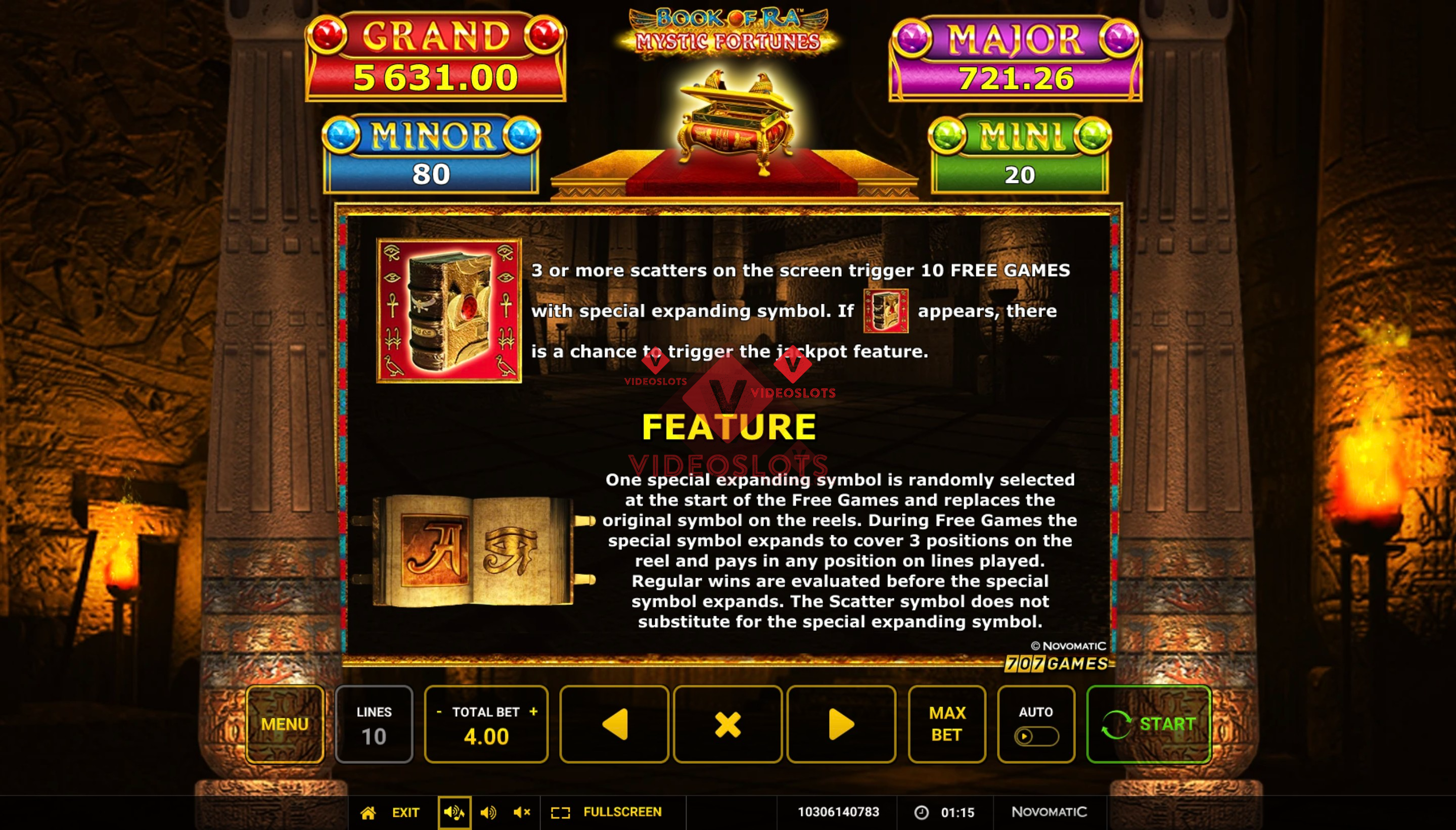 Pay Table for Book of Ra Mystic Fortunes slot from Greentube