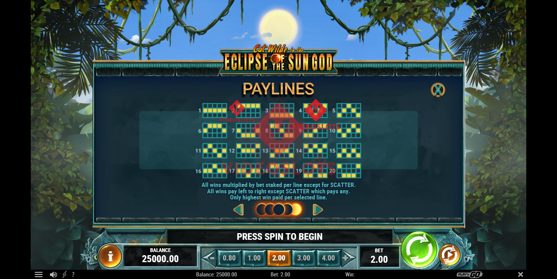 Pay Table for Cat Wilde in the Eclipse of the Sun God slot from Play'n Go