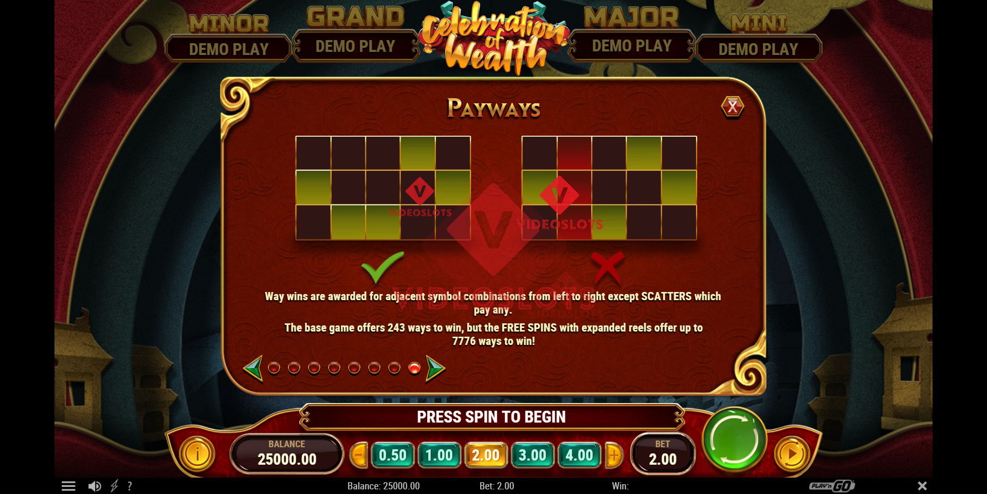 Pay Table for Celebration of Wealth slot from Play'n Go
