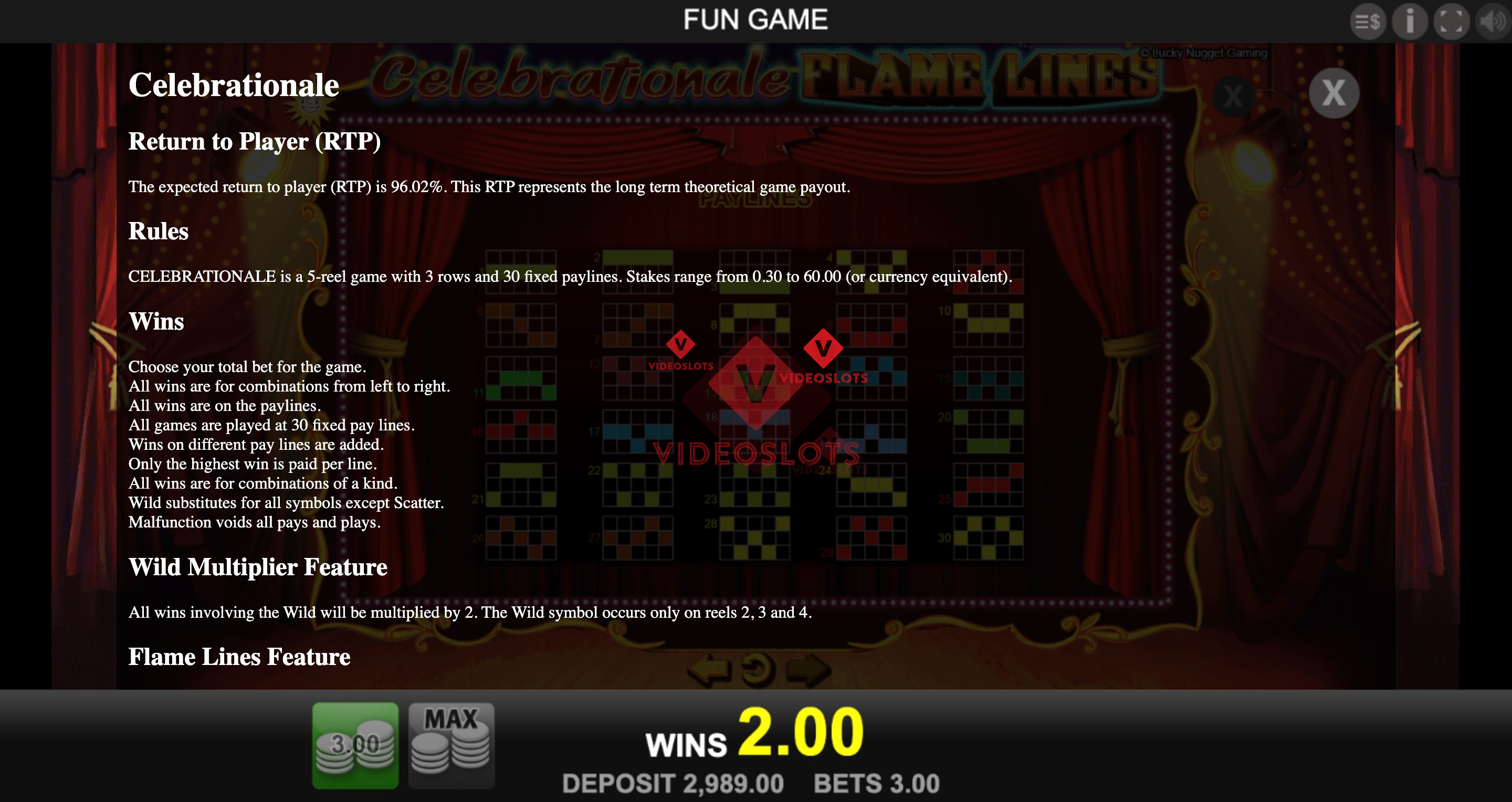 Game Rules for Celebrationale Flame Lines slot from Merkur