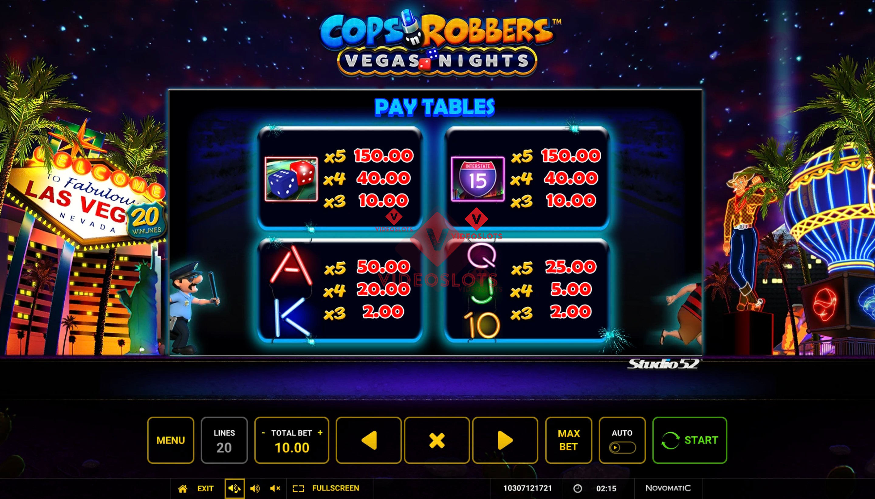 Pay Table for Cops 'n' Robbers Vegas Nights slot from Greentube